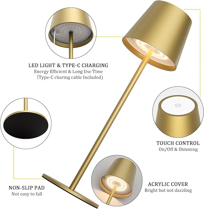 2 Pack Dimmable Table Lamp 3000k Warm White, IP54 Wireless Bottle Lamp for Indoor and Outdoor, 5000 mAh Rechargeable Table Lamp for Family, Restaurant & Bar(Gold) - LeafyLoom
