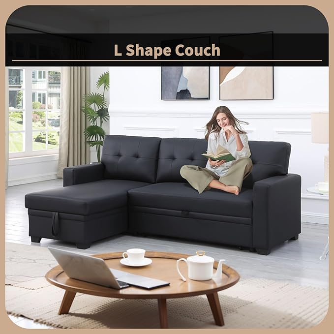 4-in-1 Modular Sofa Bed Convertible Living Room Furniture Sets Upholstered, L Shaped Sectional Comfy Couch with Reversible Storage Chaise for Apartment, Studio, Office, Dark Gray-5 - LeafyLoom