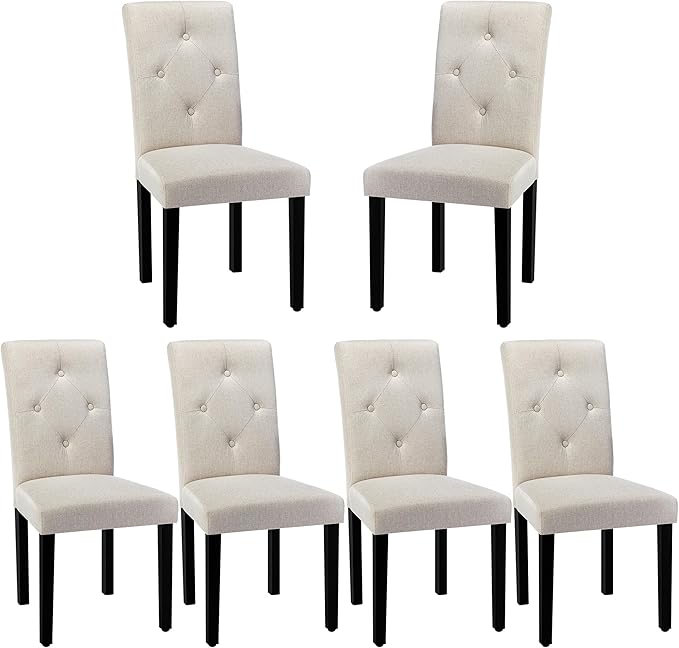 VECELO Upholstered Dining Chairs Set of 6 Modern Fabric and Solid Wood Legs & High Back for Kitchen/Living Room-Beige - LeafyLoom