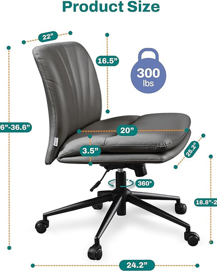Criss Cross Chair with Wheels - Cross Legged Office Chair, Wide Armless Desk Chair Comfy Swivel Vanity Chair for Home Office, PU Leather - Grey - LeafyLoom