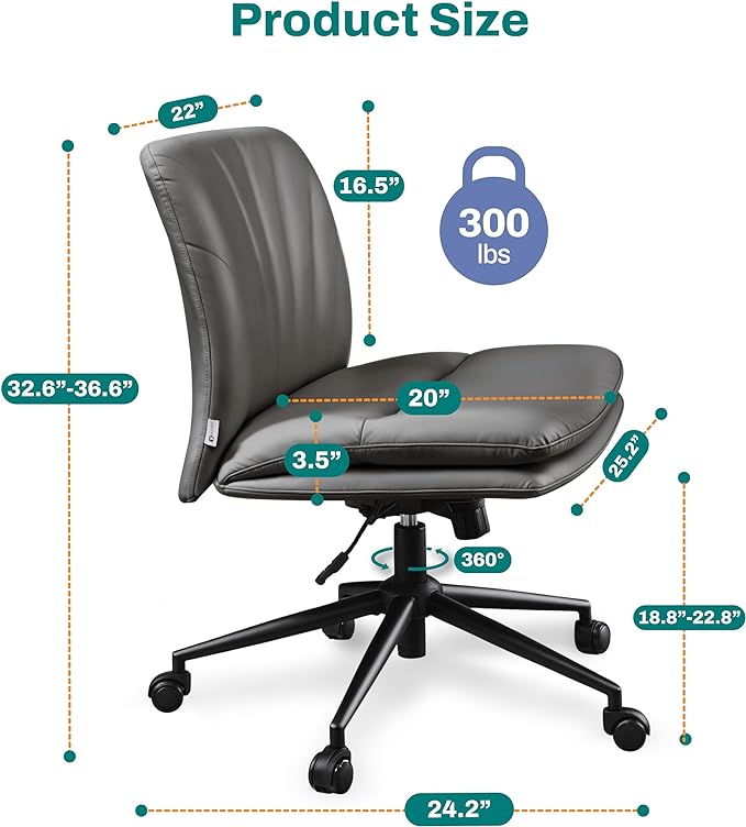 Criss Cross Chair with Wheels - Cross Legged Office Chair, Wide Armless Desk Chair Comfy Swivel Vanity Chair for Home Office, PU Leather - Grey - LeafyLoom