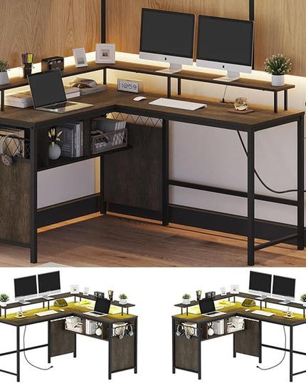 Industrial Home Office Desk with Storage, L Shaped Desk with Power Outlet, Reversible Computer Desk with Monitor Stand, Corner Gaming Desk with Led Lights (Walnut Brown) - LeafyLoom