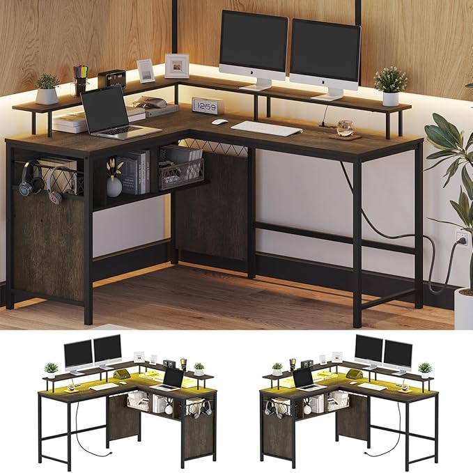 Industrial Home Office Desk with Storage, L Shaped Desk with Power Outlet, Reversible Computer Desk with Monitor Stand, Corner Gaming Desk with Led Lights (Walnut Brown) - LeafyLoom