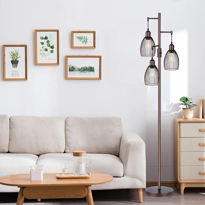 Dimmable Floor Lamp, Industrial Floor Lamps for Living Room, Brown Tree Lamp Standing Lamp Tall Lamps with 3 Elegant Teardrop Cage Head & 800 Lumens LED Bulbs for Living Room Bedroom Office - LeafyLoom