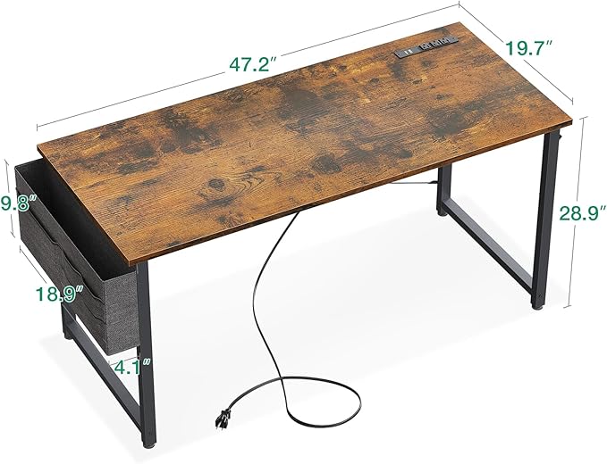AODK 48 inch Small Computer Desk with Power Outlet for Small Spaces Home Office Student Laptop PC Writing Desks with Storage Bag Headphone Hook, Vintage - LeafyLoom
