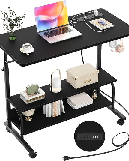 Height Adjustable Standing Desk with Power Outlets, 32" Manual Stand Up Desk with Storage Shelves Small Mobile Rolling Computer Desk Portable Laptop Table with Wheels for Home Office, Black - LeafyLoom
