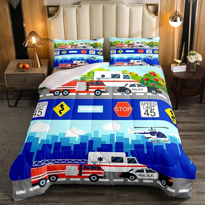 Kids Fire Trucks Car Comforter Set Queen Size Cartoon Police Car Down Comforter Airplane Rescue Vehicles Beding Set Boys Girls Car Room Decor Soft Lightweight Duvet Set, Colorful Comforter - LeafyLoom