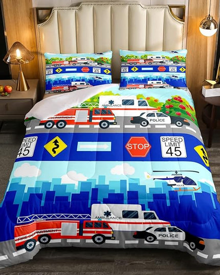 Kids Fire Trucks Car Comforter Set Twin Size Cartoon Police Car Down Comforter Airplane Ambulance Rescue Vehicles Beding Set Boys Girls Car Room Decor Soft Lightweight Duvet Set, Colorful Comforter - LeafyLoom