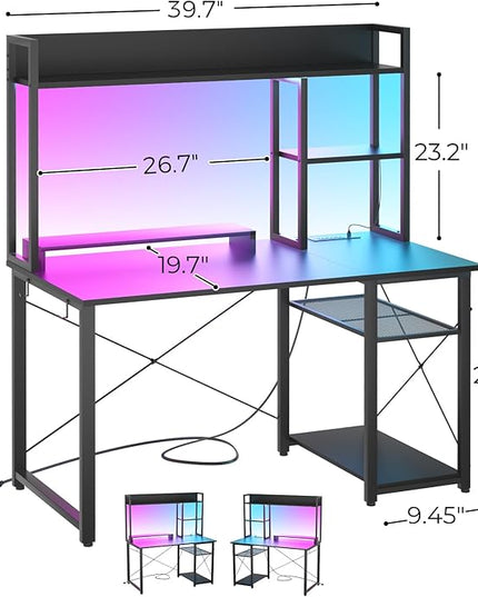 Cyclysio Gaming Desk with Hutch, 39'' Computer Desk with LED Lights & Power Outlets, Home Office Desk with Reversible 5 Tiers Storage Shelves & Monitor Stand, Small Gaming Table for Small Space, Black - LeafyLoom