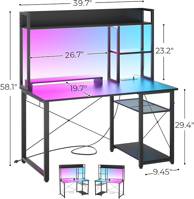 Cyclysio Gaming Desk with Hutch, 39'' Computer Desk with LED Lights & Power Outlets, Home Office Desk with Reversible 5 Tiers Storage Shelves & Monitor Stand, Small Gaming Table for Small Space, Black - LeafyLoom