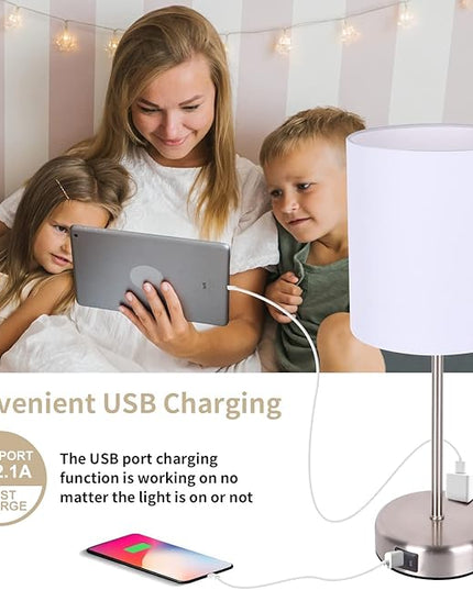 Bedside Touch Control Lamps for Bedroom Set of 2-3 Way Dimmable Table Lamp with USB A+C Charging Ports, Nightstand Lamp for Living Room Office, Bed Side Light with E26 LED Bulbs. - LeafyLoom