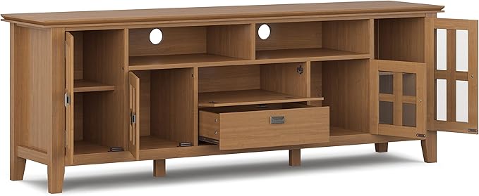 SIMPLIHOME Artisan SOLID WOOD Universal TV Media Stand, 72 inch Wide, Transitional, Living Room Entertainment Center, Storage Cabinet, for Flat Screen TVs up to 80 inches in Honey Brown - LeafyLoom