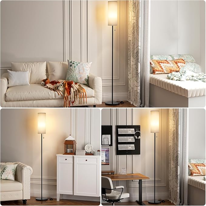Ambimall Floor Lamp for Living Room with 3 Color Temperatures Bulb, 64" Standing lamp with Linen lampshade for Bedroom, Minimalist Pole Lamp, Grey Shade & Black Pole - LeafyLoom