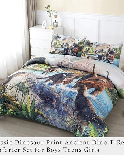 WINLIFE Dinosaur Comforter Set Twin Kids Bedding Set T-Rex Jurassic Jungle Dino Comforter Sets for Boys Teens, Lightweight Easy Care Bedding (2 Pieces, Twin) - LeafyLoom
