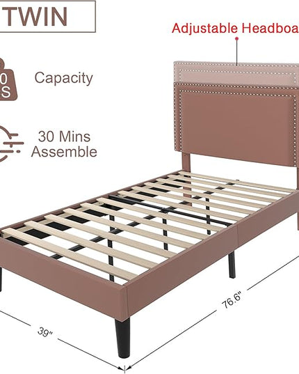 VECELO Twin Size Platform Bed Frame with Adjustable Upholstered Headboard, Modern Mattress Foundation, Strong Wood Slat Support, No Box Spring Needed, Easy Assembly - LeafyLoom