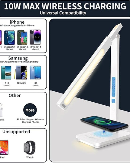 10 in 1 Smart Led Desk Lamp, Desk Table Lamp for Home Office, Eye-Caring Office Lamp with Night Lights, Lamp for Desk with 10W Wireless Charger, Dimmable Touch Lamp for Bedroom Reading Study Work - LeafyLoom