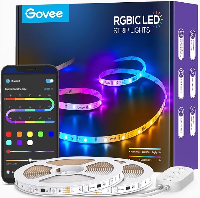 Govee 65.6ft RGBIC LED Strip Lights, Color Changing LED Strips, App Control via Bluetooth, Smart Segmented Control, Multiple Scenes, Enhanced Music Sync LED Lights for Bedroom, Home Decor (2 X 32.8ft) Govee