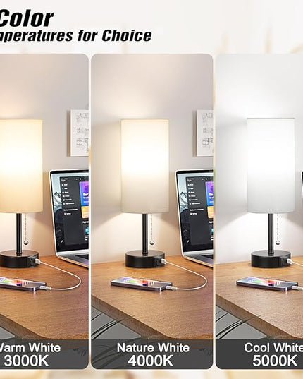 White Table Bedside Lamp for Bedroom Nightstand - Small Lamp with USB A + C Charging Port, 3 Color Temperatures Pull Chain Night Stand Light with Bulb, Side Table Desk Reading Lamp for Living Room - LeafyLoom