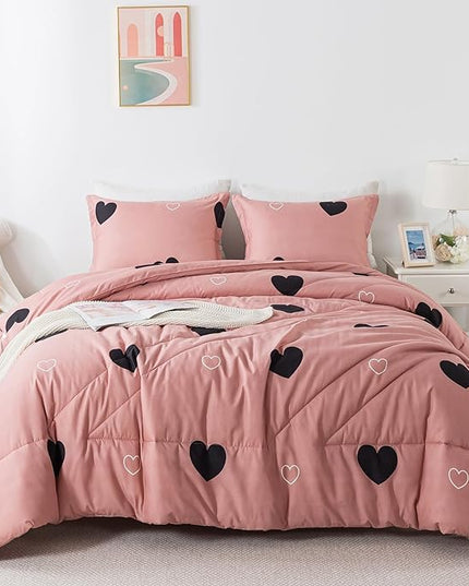 Love Pattern Girls Pink Comforter Set King Size, Cameo Brown Cute Love Heart Sexy Comforter Bedding Set for All Seasons, Soft Microfiber 3 Pieces Comforter Set with Pillowcases - LeafyLoom