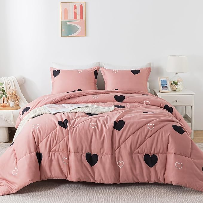 Queen Comforter Set Cameo Brown, Pink Cute Love Heart Sexy Comforter Bedding Set for All Seasons, Geometric Soft Microfiber 3 Pieces Comforter Set with Pillowshams - LeafyLoom