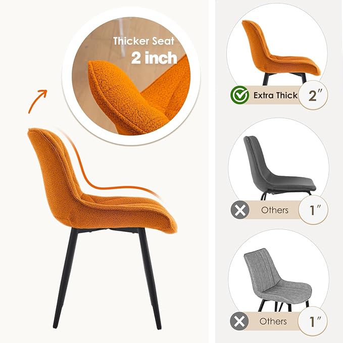 YOUNUOKE Comfortable Dining Chairs Set of 2, Mid-Century Modern Kitchen Dining Room Chairs, Upholstered Backrest Boucle Dining Chair with Black Metal, Orange - LeafyLoom