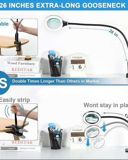 26" Gooseneck Magnifying Lamp with Clamp, 5 Color Modes Stepless Dimmable LED Desk Light with Magnifying Glass, 10X Real Glass Lighted Magnifier Hands Free for Painting Close Work Craft Hobby - LeafyLoom