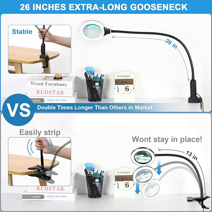26" Gooseneck Magnifying Lamp with Clamp, 5 Color Modes Stepless Dimmable LED Desk Light with Magnifying Glass, 10X Real Glass Lighted Magnifier Hands Free for Painting Close Work Craft Hobby - LeafyLoom