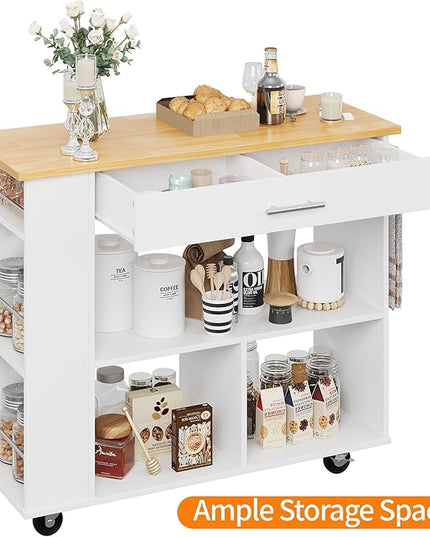 Shintenchi Kitchen Island on Wheels with Large Work Countertop, Storage Island & Cart with 3-Tier Spice Rack, 3 Open Shelves and 1 Drawer, White - LeafyLoom