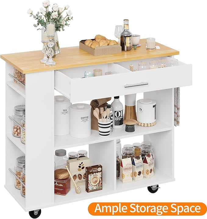 Shintenchi Kitchen Island on Wheels with Large Work Countertop, Storage Island & Cart with 3-Tier Spice Rack, 3 Open Shelves and 1 Drawer, White - LeafyLoom