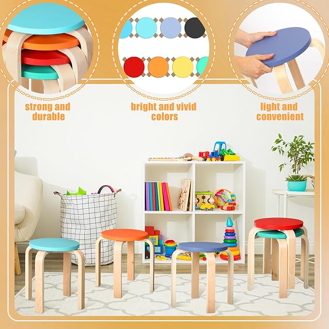 12 Inch Bentwood Stacking Stool for Kids Colored Durable Round Nesting Stool Flexible Wood Stackable Stool Chairs for Playroom Daycare Home Classroom(Colorful,8 Pcs) - LeafyLoom