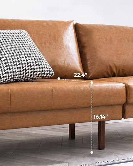 Vonanda Faux Leather Sofa Couch, Mid-Century 73 Inch 3 Seater Leather Couch with Hand-Stitched Comfort Cushion and Bolster Pillows for Living Room,Elegant Cognac Tan - LeafyLoom