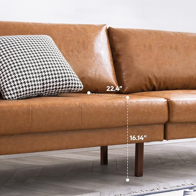 Vonanda Faux Leather Sofa Couch, Mid-Century 73 Inch 3 Seater Leather Couch with Hand-Stitched Comfort Cushion and Bolster Pillows for Living Room,Elegant Cognac Tan - LeafyLoom