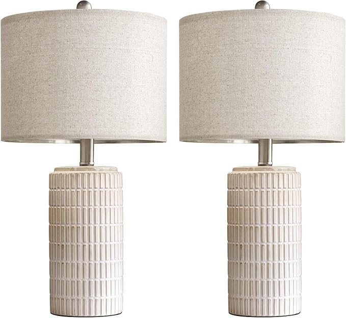 PoKat 23" Modern Ceramic Table Lamp Set of 2 for Living Room White Desk Lamps for Bedroom Farmhouse Bedside Nightstand Bedside Lamp End Table Lamps Beige - LeafyLoom