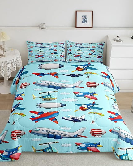 Kids Aircraft Comforter Set Boys Cartoon Airplane Print Comforter Helicopter Flying Plane Bedding Set for Children Girls Travel Decor Duvet Set Cute Colorful Planes Room Decor Full Size Quilt Set - LeafyLoom