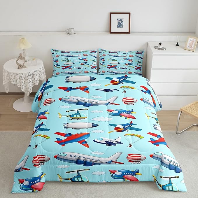 Kids Aircraft Comforter Set Boys Cartoon Airplane Print Comforter Helicopter Flying Plane Bedding Set for Children Girls Travel Decor Duvet Set Cute Colorful Planes Room Decor Full Size Quilt Set - LeafyLoom