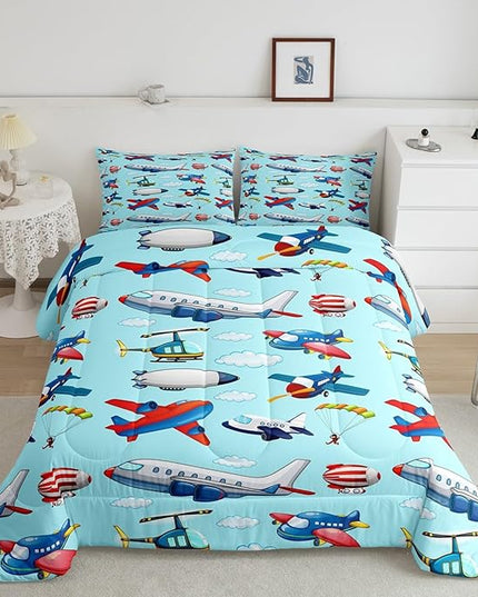 Kids Aircraft Comforter Set Boys Cartoon Airplane Print Comforter Helicopter Flying Plane Bedding Set for Children Girls Travel Decor Duvet Set Cute Colorful Planes Room Decor Queen Size Quilt Set - LeafyLoom