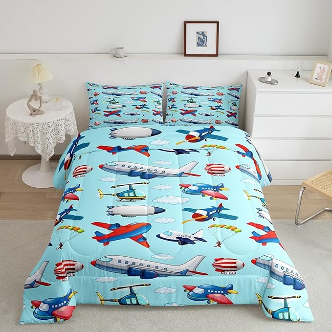 Kids Aircraft Comforter Set Boys Cartoon Airplane Print Comforter Helicopter Flying Plane Bedding Set for Children Girls Travel Decor Duvet Set Cute Colorful Planes Room Decor Queen Size Quilt Set - LeafyLoom