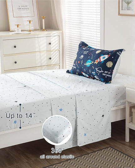 Planet Twin Comforter Set for Boys Girls 4-Piece Rocket Kids Bedding Sets Galaxy Space Stars Bedroom Decor - Include Reversible Comforter, Flat Sheet, Fitted Sheet and Pillowcase - LeafyLoom
