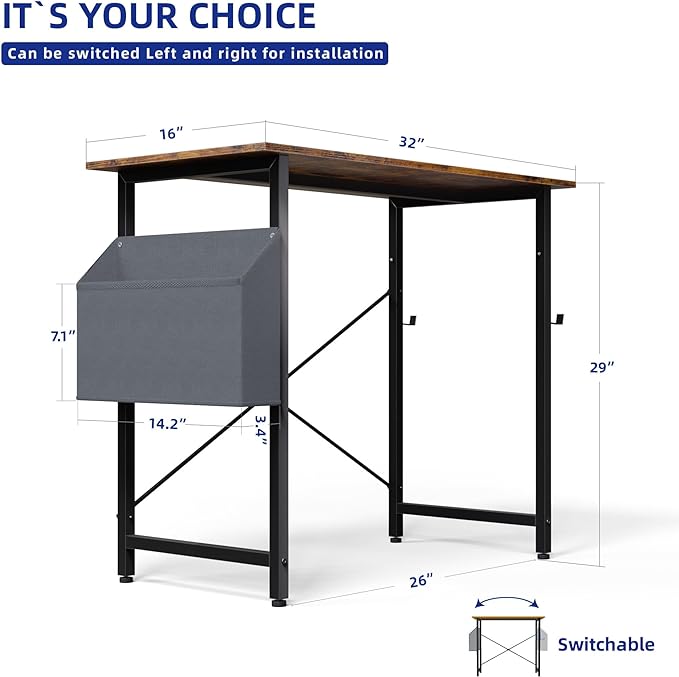 Pamray 32 Inch Computer Desk for Small Spaces with Storage Bag, Home Office Work Desk with Headphone Hook, Small Office Desk Study Writing Table - LeafyLoom
