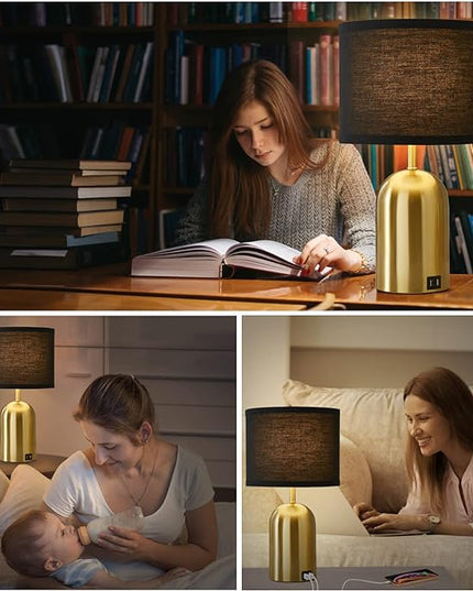 3-Way Dimmable Table Lamp Set of 2 for Living Room,Touch Control Modern Bedside Lamps with 2 USB Ports Nightstand Lamp with Black Shade and Gold Base for Bedroom Reading Room Hotel Office - LeafyLoom