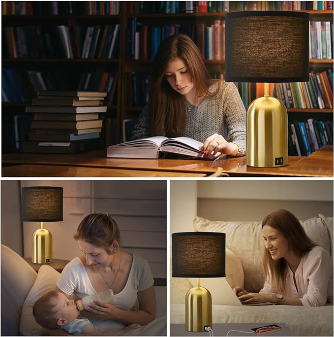 3-Way Dimmable Table Lamp Set of 2 for Living Room,Touch Control Modern Bedside Lamps with 2 USB Ports Nightstand Lamp with Black Shade and Gold Base for Bedroom Reading Room Hotel Office - LeafyLoom