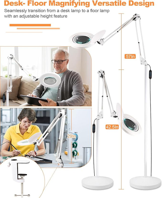 Magnifying Glass with Light Floor Lamp 5X & 12X Zoom Adjustable LED Floor Magnifier Light with 3-Color 10-Brightness, Dust Cover for Reading, Crafts & More Gift Ideal for Father Mother Old - LeafyLoom