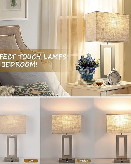 Lamps for Living Room Set of 2 Touch Control Table Lamps with 2 USB Ports 3-Way Dimmable Bedside Nightstand Lamps Bedrooms Brushed Nickel Lamp for End Table Contemporary Lamps with Beige/Grey Shades - LeafyLoom