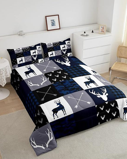 Manfei Camo Deer Antlers Comforter Set Twin,Geometric Plaid Patchwork Bedding Set 2pcs for Kids Teens Girls Boys Room Decor,Boho Arrow Xmas Quilt Set,Blue Grey Duvet Insert with 1 Pillowcase - LeafyLoom