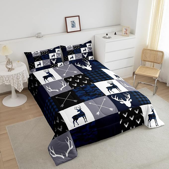Manfei Camo Deer Antlers Comforter Set Twin,Geometric Plaid Patchwork Bedding Set 2pcs for Kids Teens Girls Boys Room Decor,Boho Arrow Xmas Quilt Set,Blue Grey Duvet Insert with 1 Pillowcase - LeafyLoom