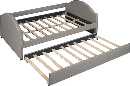 Full Size Upholstered Daybed with Twin Trundle Bed and Wood Slat for Living Room Bedroom, Gray - LeafyLoom