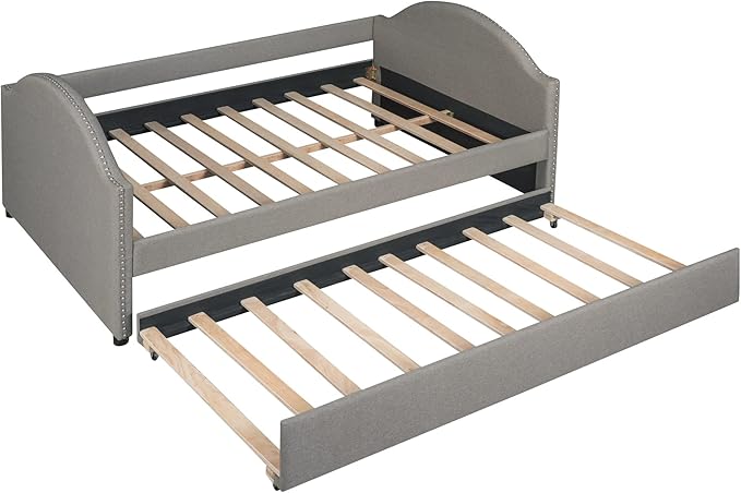 Full Size Upholstered Daybed with Twin Trundle Bed and Wood Slat for Living Room Bedroom, Gray - LeafyLoom