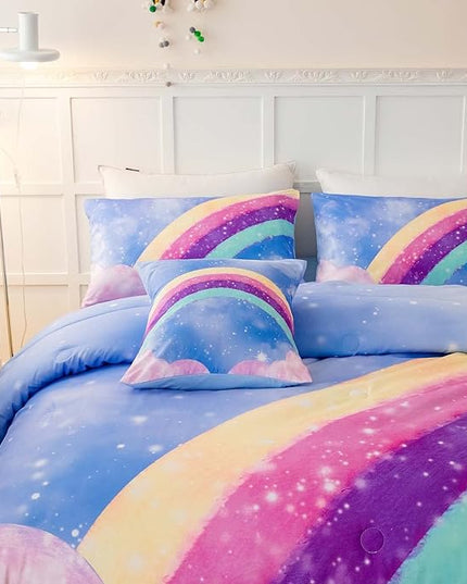 Sky Blue Teen Rainbow Comforter Set Queen Size for Girls, 6 Pieces Galaxy Gradient Bed in A Bag, 3D Galaxy Kids Bedding Comforter Sets with Comforter, Sheets and Pillowcases - LeafyLoom