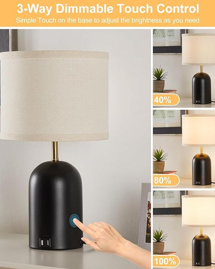 Touch Control Table Lamps Set of 2, Modern Bedside Lamp with 2 USB Ports, 3-Way Dimmable Gold and Black Nightstand Lamp with Fabric Shade for Living Room Bedroom Office Dorm(LED Bulbs Included) - LeafyLoom