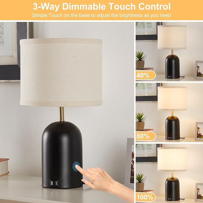 Touch Control Table Lamps Set of 2, Modern Bedside Lamp with 2 USB Ports, 3-Way Dimmable Gold and Black Nightstand Lamp with Fabric Shade for Living Room Bedroom Office Dorm(LED Bulbs Included) - LeafyLoom